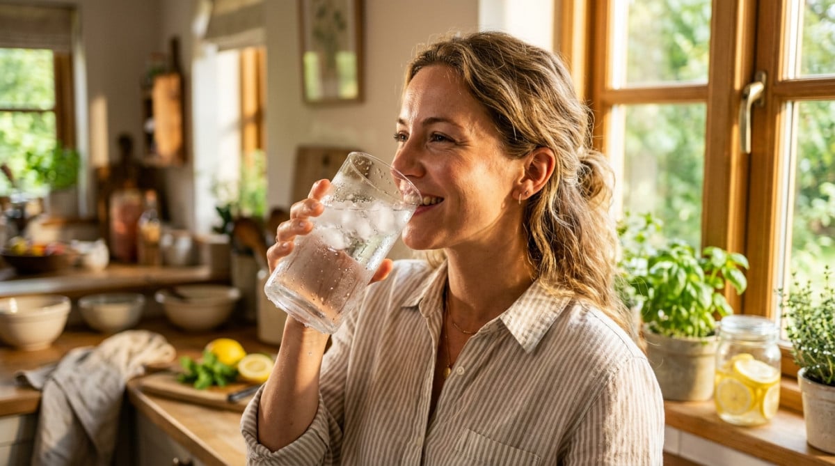 Personne buvant un verre d'eau glacée en été