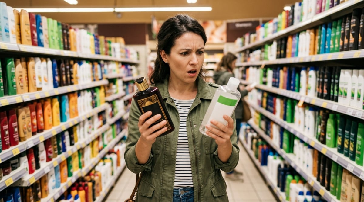 Personne comparant un shampoing de marque et un shampoing distributeur en supermarché