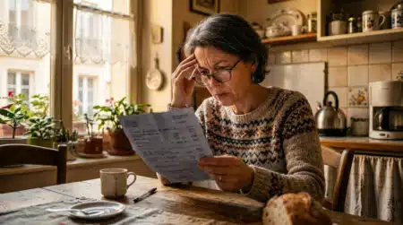 Personne consultant un relevé bancaire avec surprise