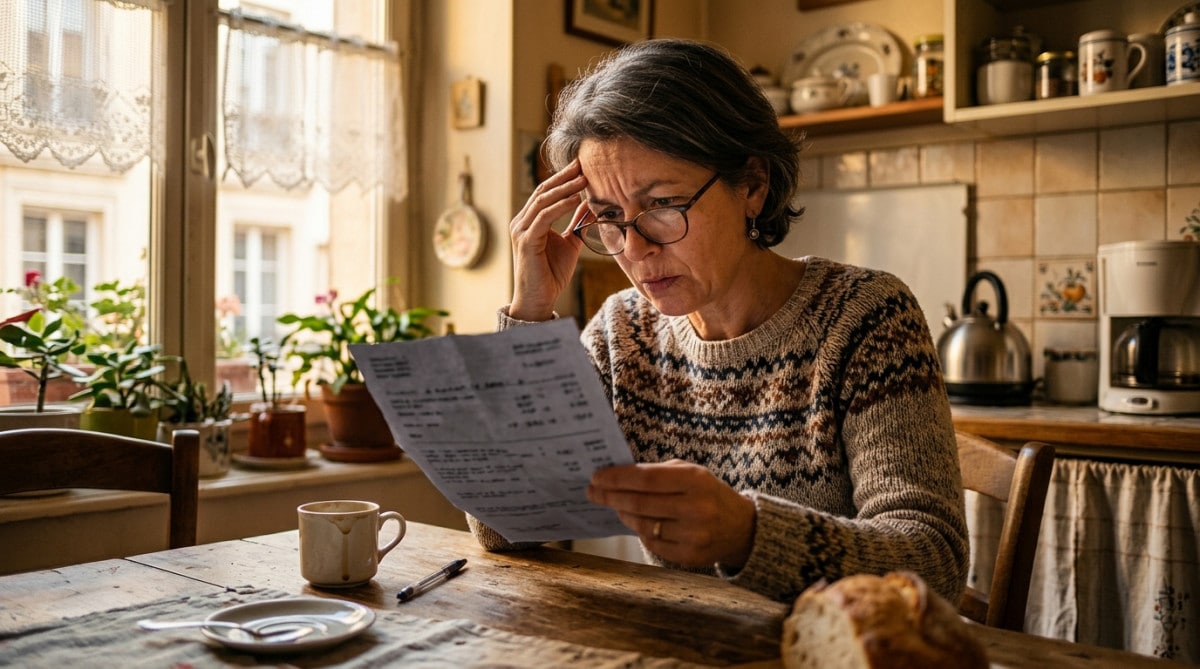 Personne consultant un relevé bancaire avec surprise