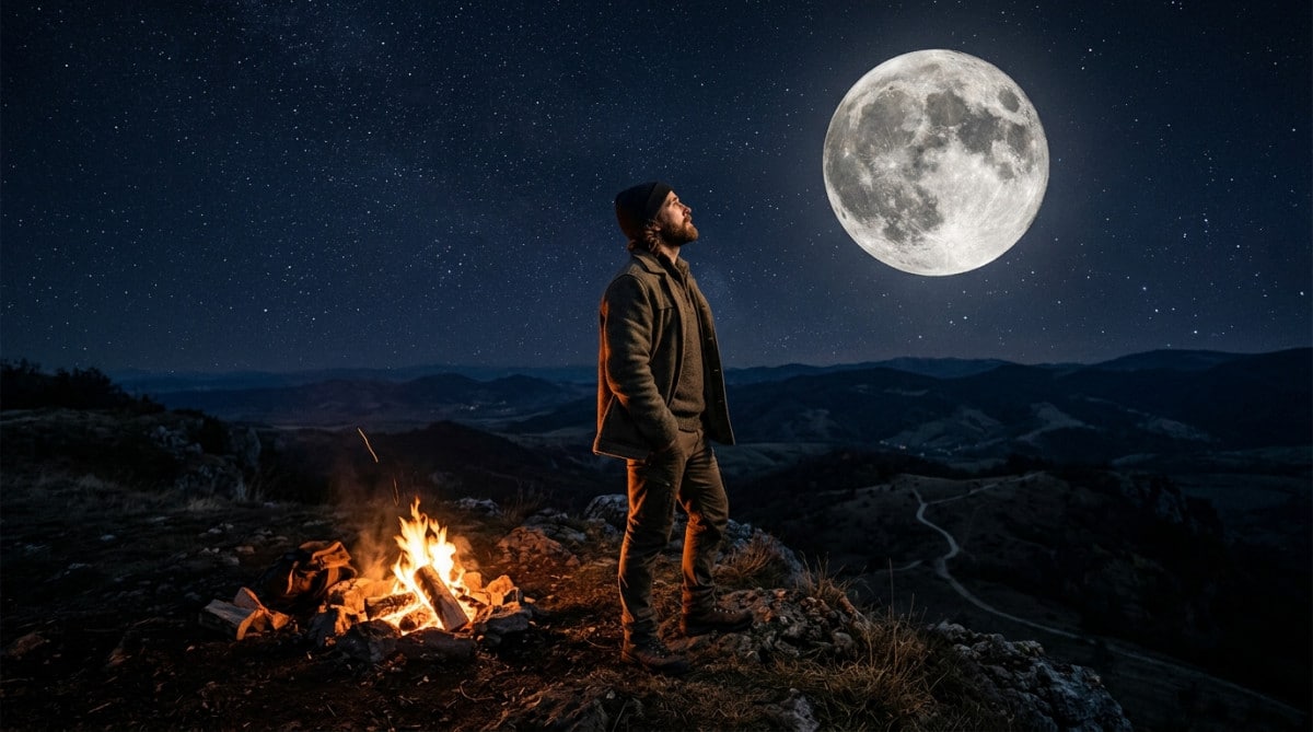 Personne contemplant la pleine Lune depuis une colline la nuit