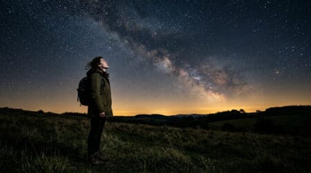 Personne contemplant le ciel étoilé au crépuscule
