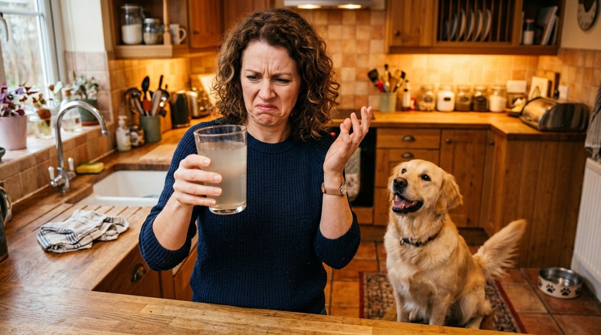 Personne dégoûtée tenant un verre d'eau trouble à côté d'un chien