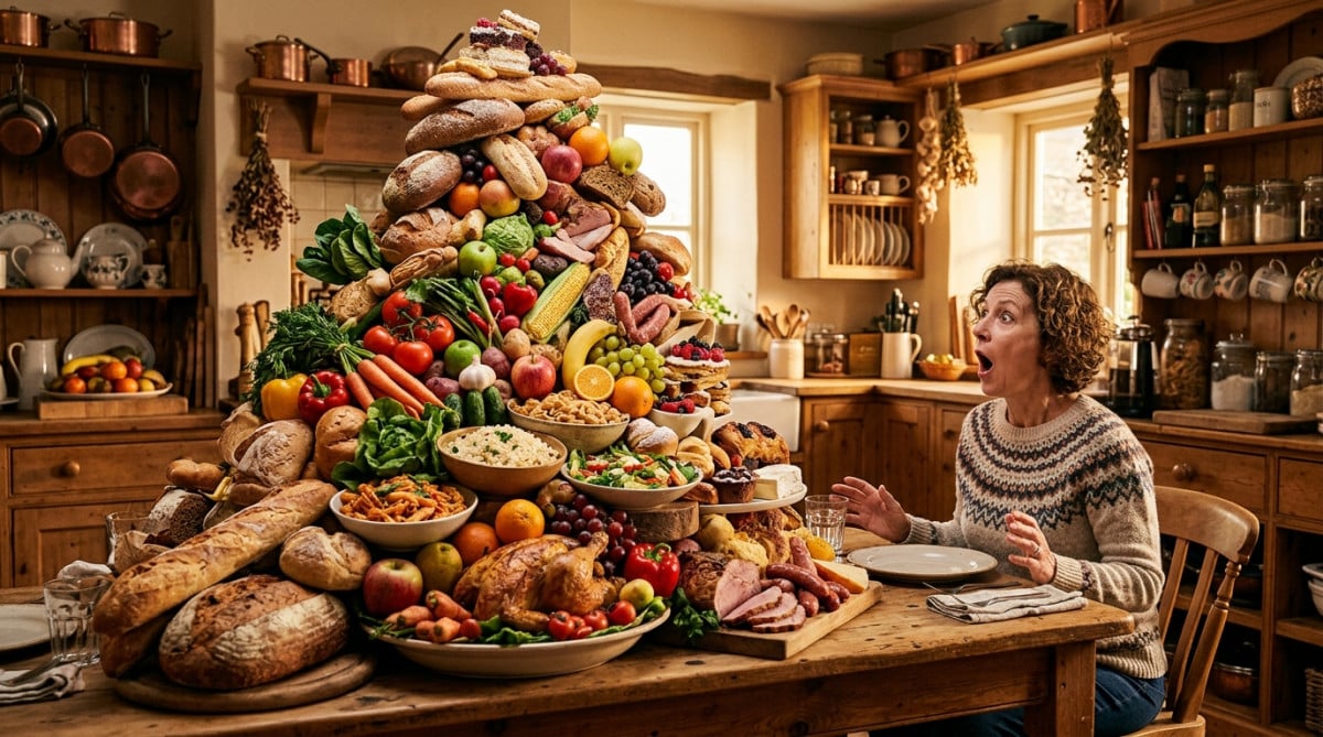 Personne devant une montagne de nourriture à table