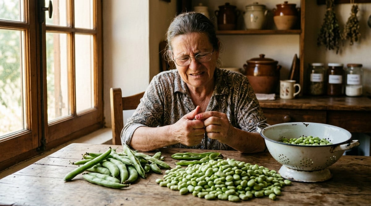 Personne écossant des fèves avec les ongles douloureux