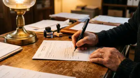 Personne écrivant une date au format français sur un document officiel
