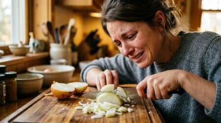Personne en larmes en coupant un oignon jaune