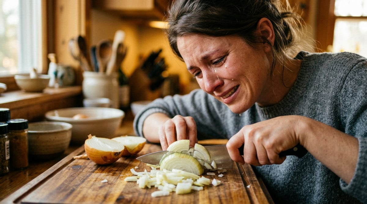 Personne en larmes en coupant un oignon jaune
