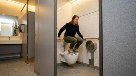 Personne en position accroupie au-dessus de toilettes publiques