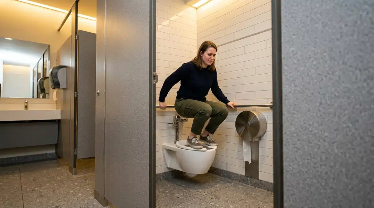Personne en position accroupie au-dessus de toilettes publiques