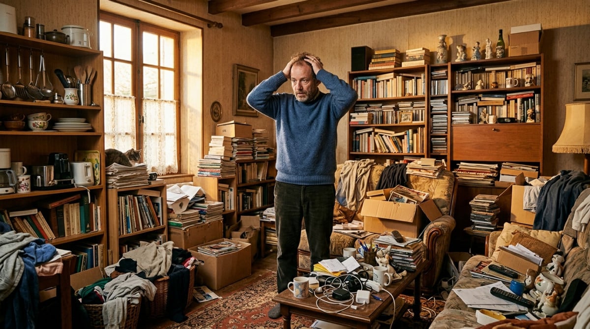 Personne entourée de milliers d'objets dans un salon encombré