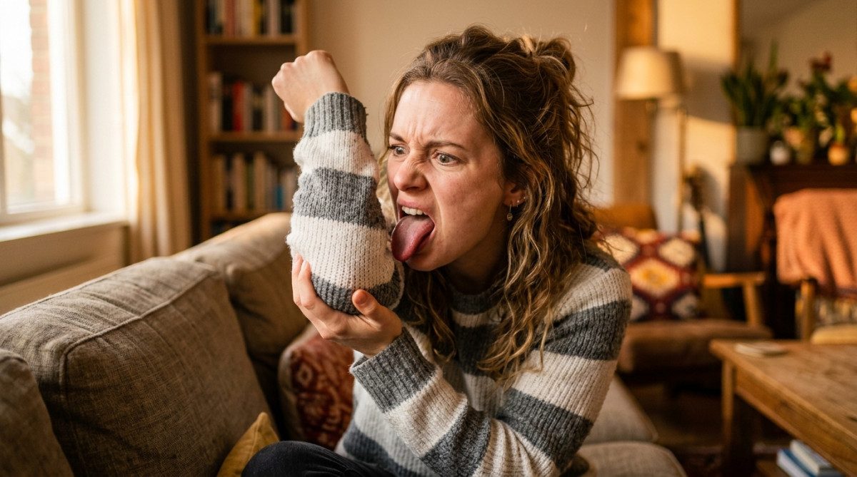 Personne essayant de se lécher le coude avec expression frustrée