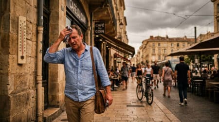 Personne essuyant la sueur dans une rue de Bordeaux en canicule