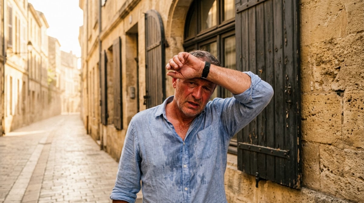 Personne essuyant la sueur devant des volets fermés à Bordeaux