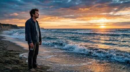 Personne face à l'océan tenant un verre vide au coucher du soleil