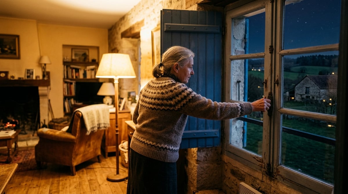 Personne fermant des volets bleus dans une maison française le soir