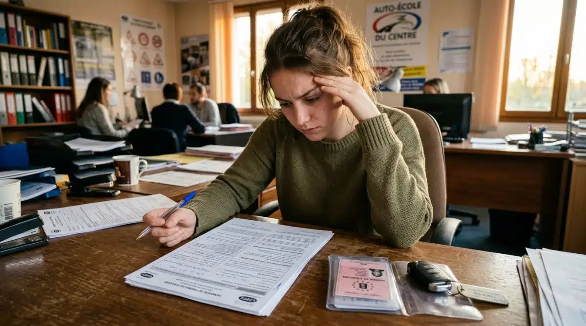 Personne frustrée lisant un dossier d'auto-école