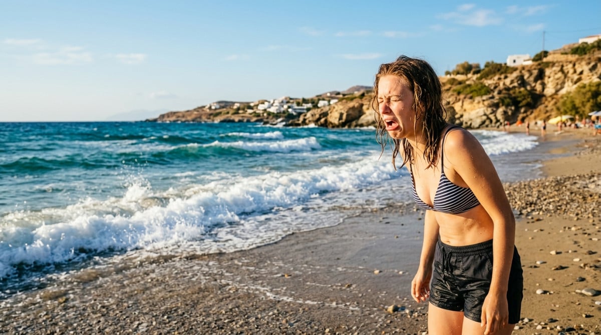 Personne grimaçant après avoir bu la tasse en mer