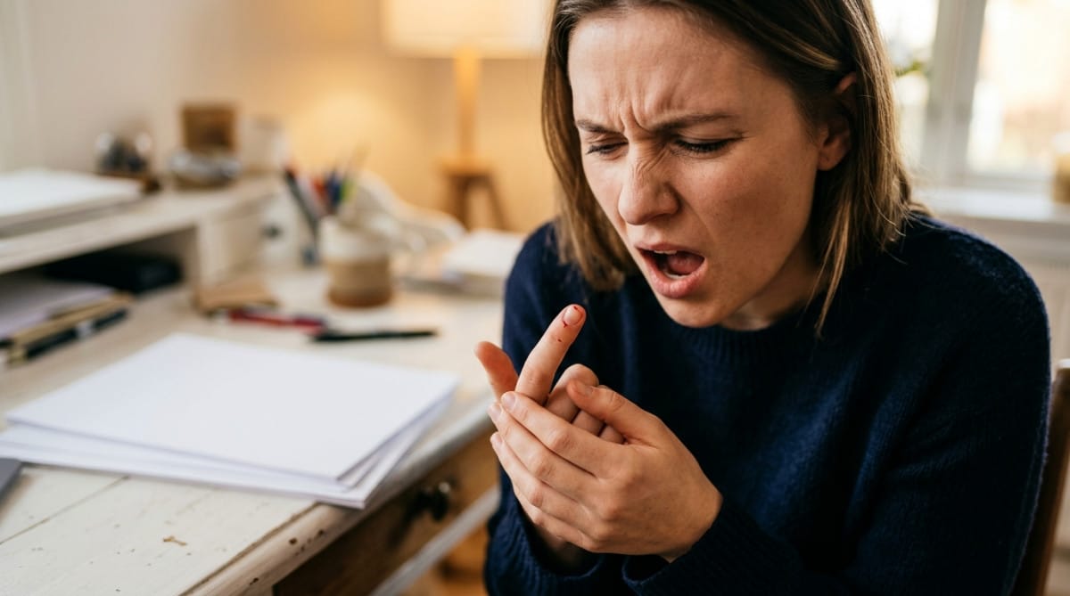 Personne grimaçant de douleur après une coupure de papier au doigt