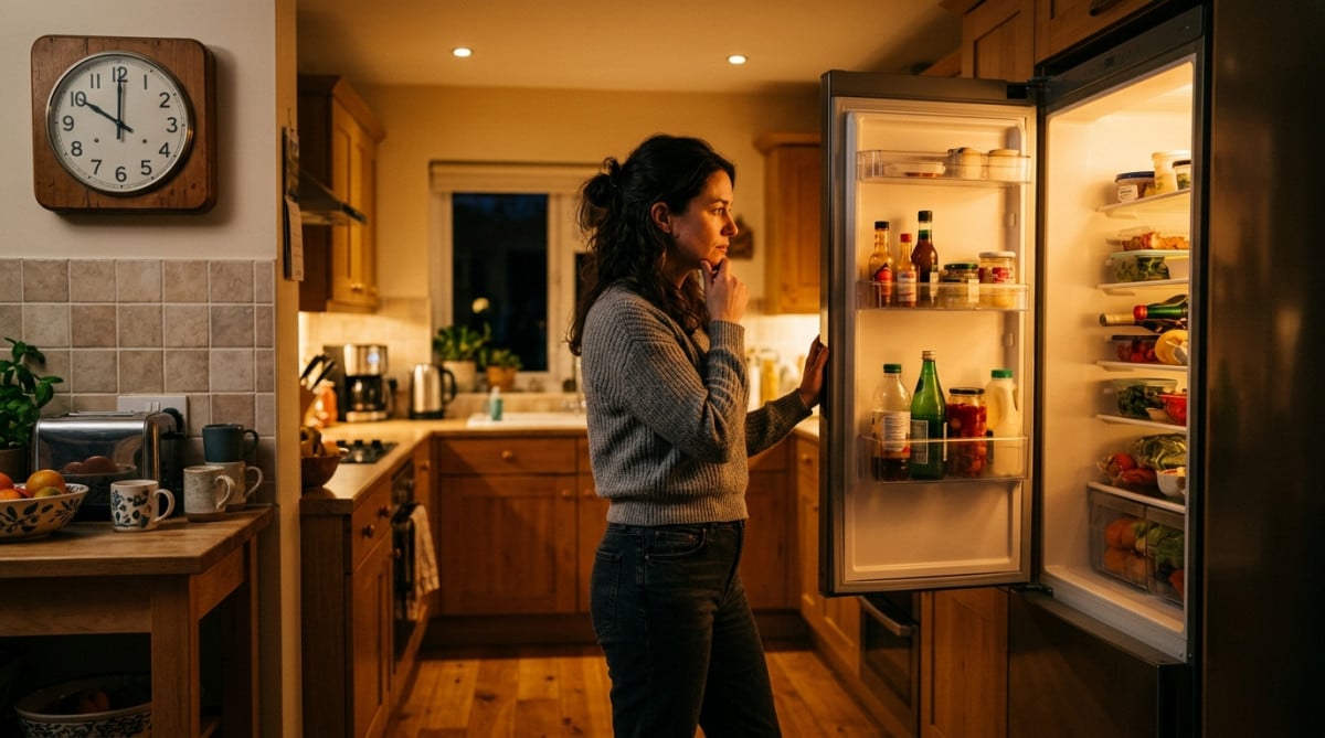 Personne hésitant devant un réfrigérateur ouvert la nuit