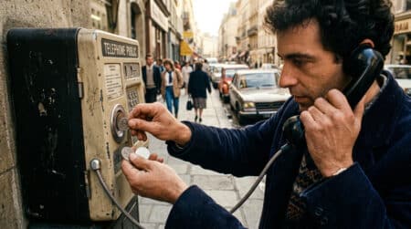Personne insérant des pièces dans un téléphone public années 80