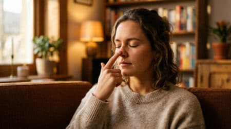 Personne les yeux fermés touchant son nez avec l'index