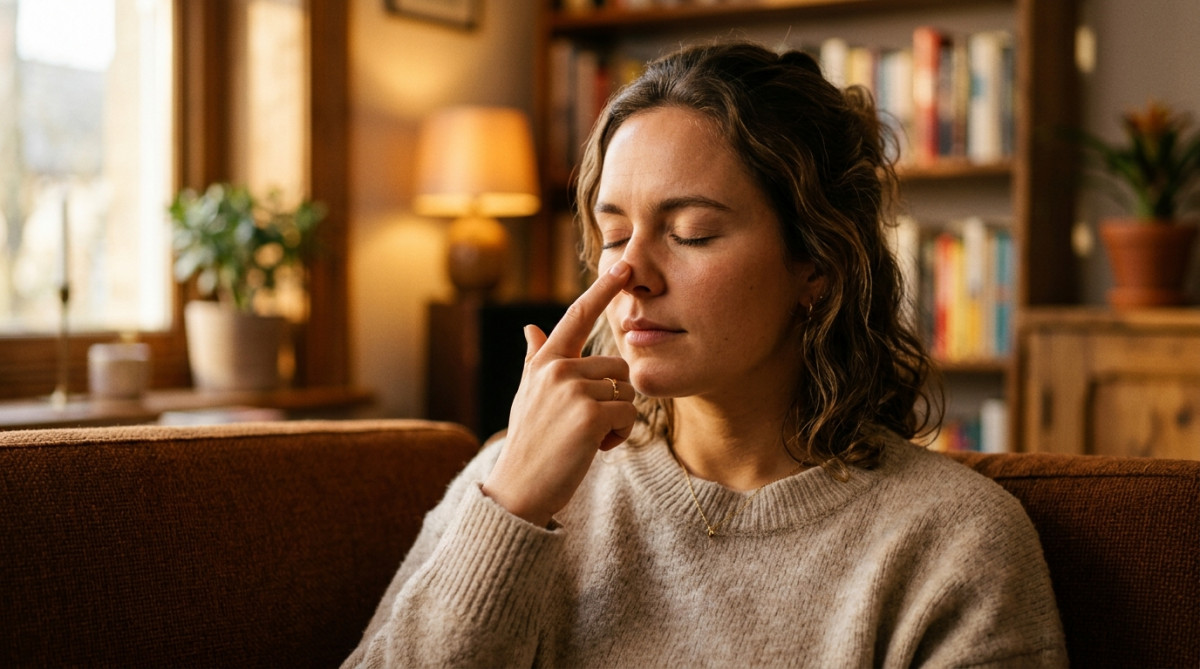 Personne les yeux fermés touchant son nez avec l'index