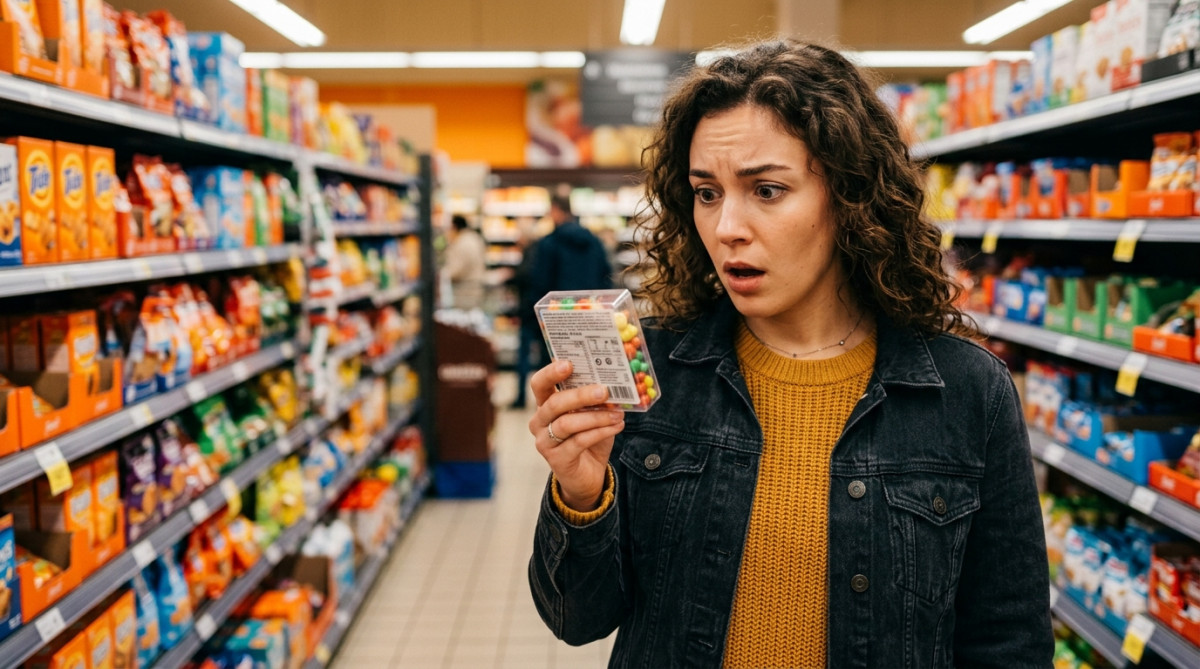 Personne lisant l'étiquette nutritionnelle d'une boîte de bonbons en supermarché