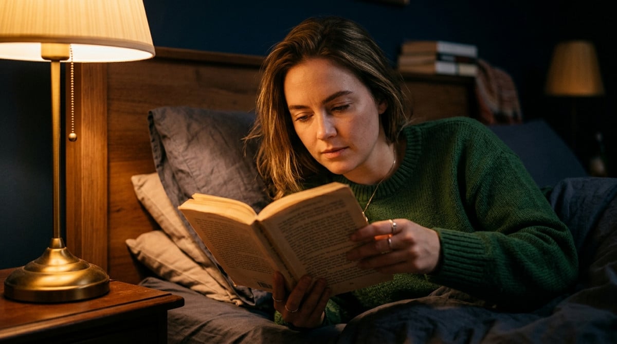 Personne lisant un livre dans la pénombre