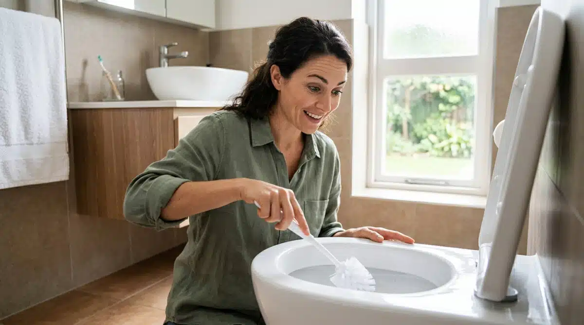Personne nettoyant une cuvette de toilettes propre le matin