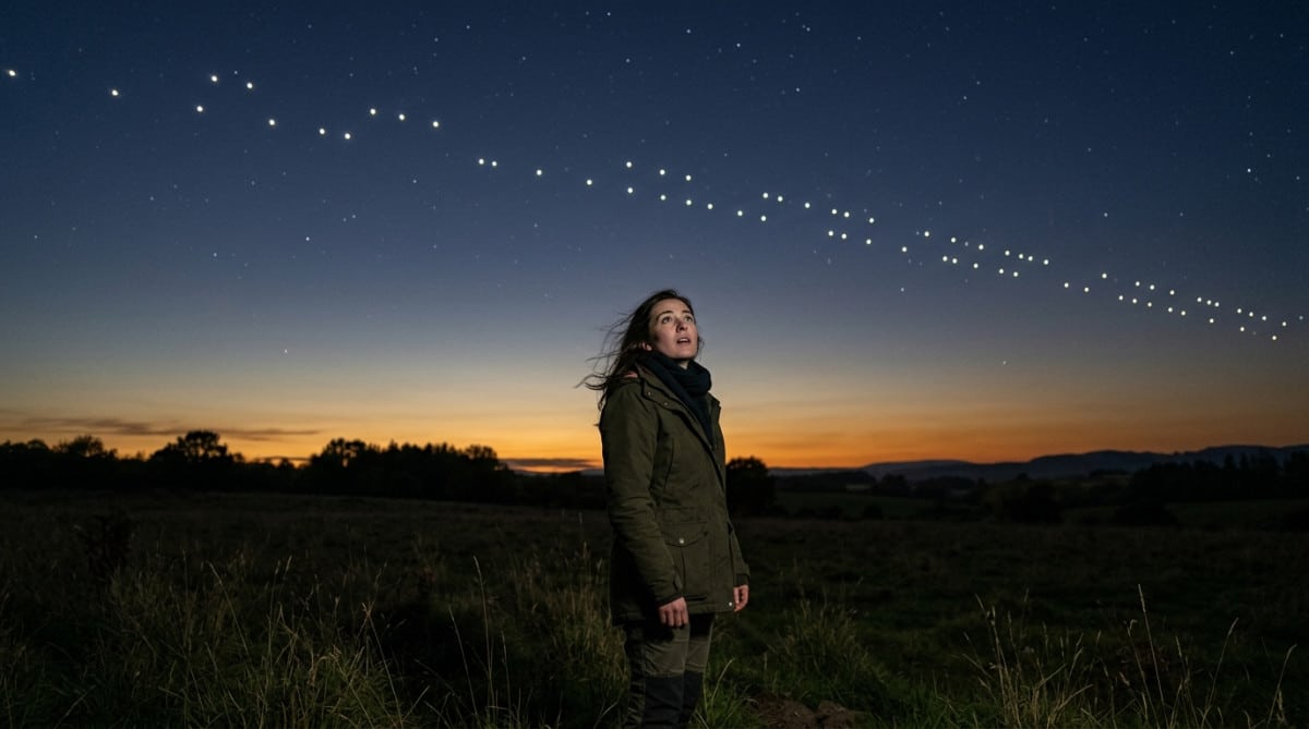 Personne observant des satellites Starlink dans le ciel nocturne