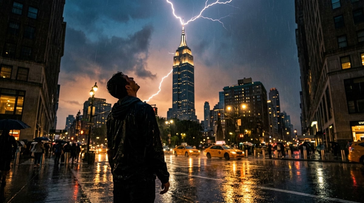 Personne observant la foudre frapper l'Empire State Building