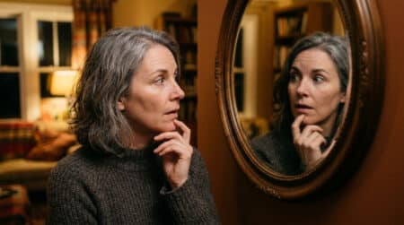 Personne observant son reflet dans un miroir avec curiosité