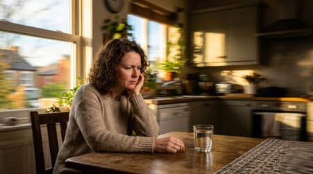 Personne perplexe devant un verre d'eau immobile sur une table