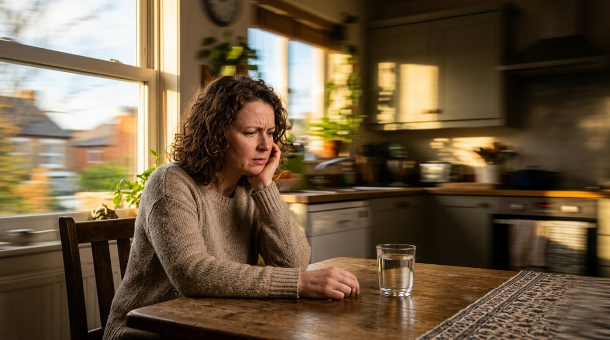 Personne perplexe devant un verre d'eau immobile sur une table