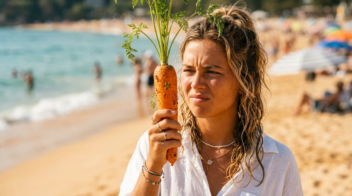 Personne perplexe tenant une carotte à la plage