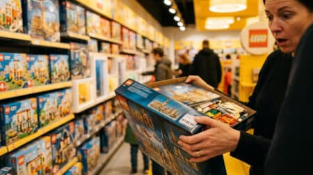 Personne regardant le prix d'une boîte Lego en magasin