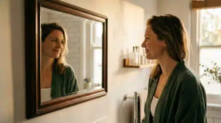 Personne regardant son reflet dans un miroir le matin