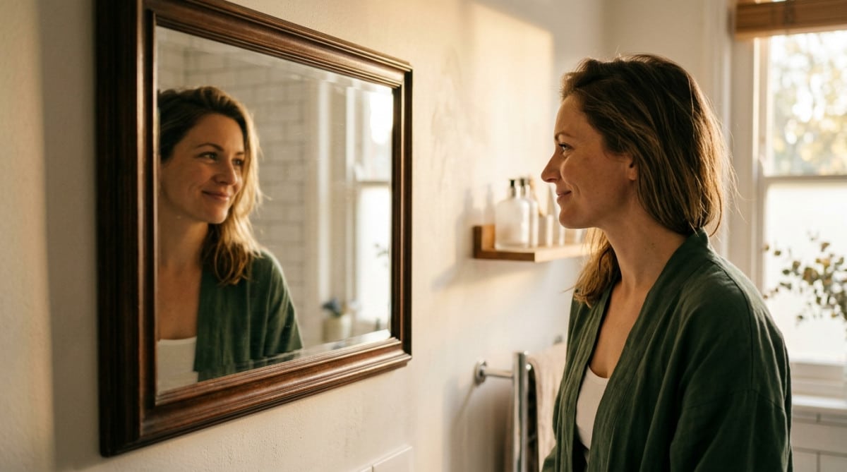 Personne regardant son reflet dans un miroir le matin