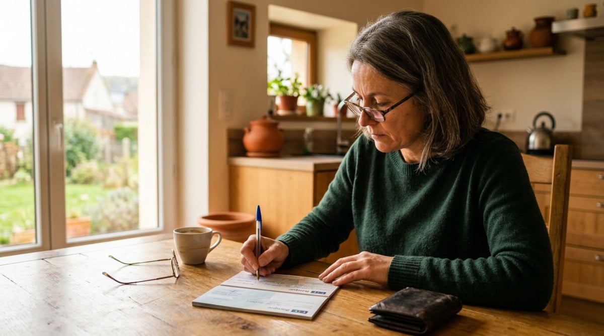 Personne remplissant un chèque en lettres à une table de cuisine
