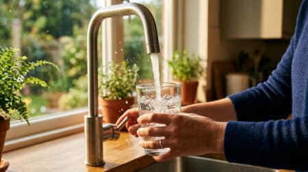 Personne remplissant un verre d'eau au robinet