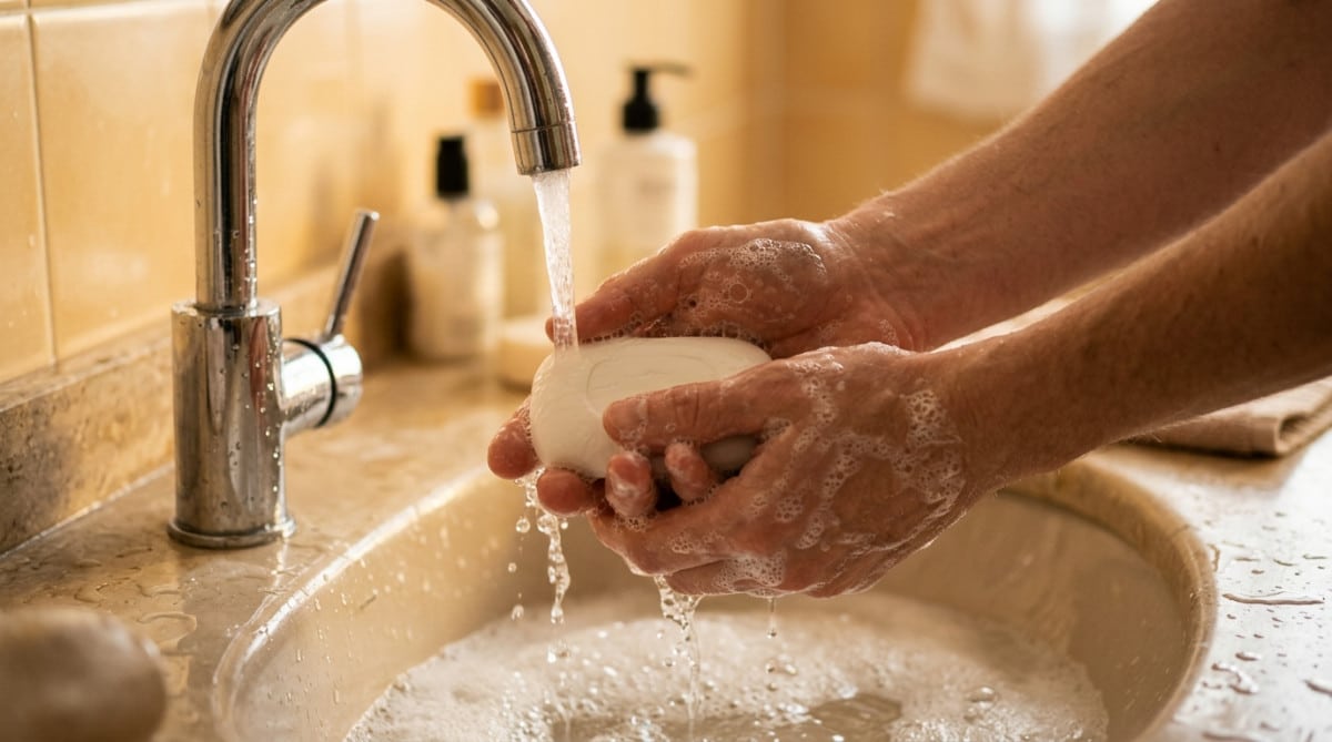 Personne se lavant les mains avec du savon classique