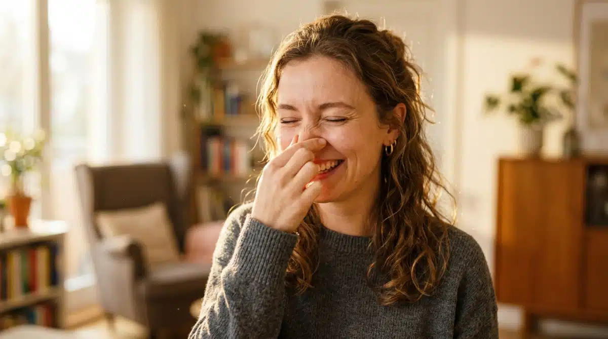 Personne se pinçant le nez dans une pièce ensoleillée
