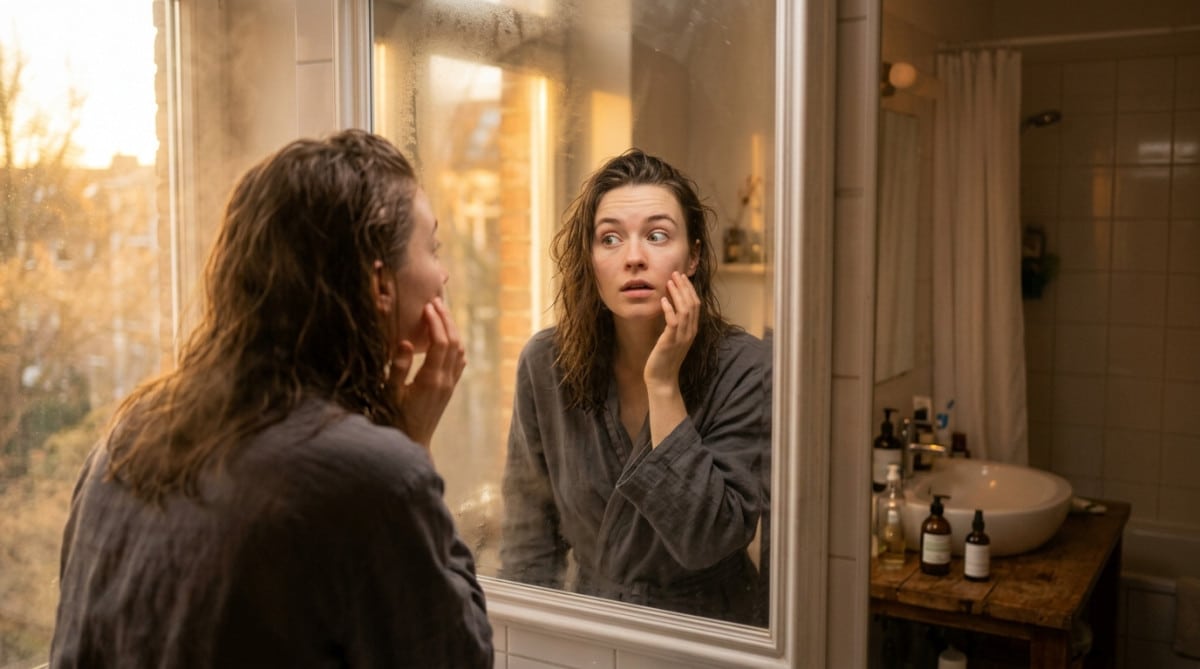 Personne surprise regardant son visage dans un miroir de salle de bain