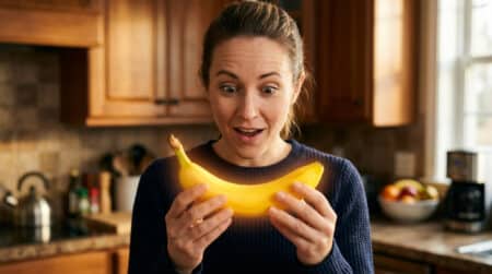 Personne surprise tenant une banane radioactive dans sa cuisine