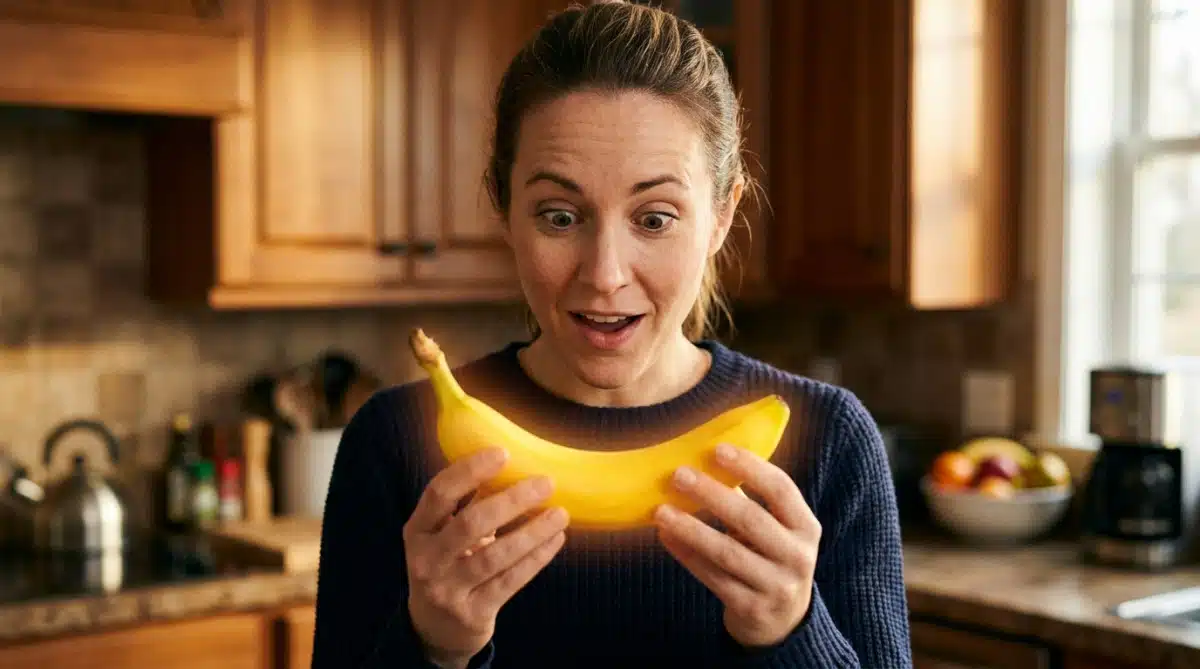 Personne surprise tenant une banane radioactive dans sa cuisine