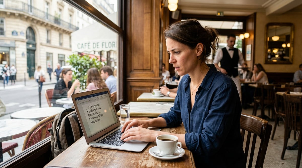 Personne tapant un texte français avec espaces avant la ponctuation