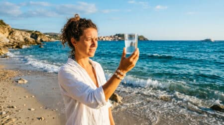 Personne tenant un verre d'eau transparente devant la mer bleue