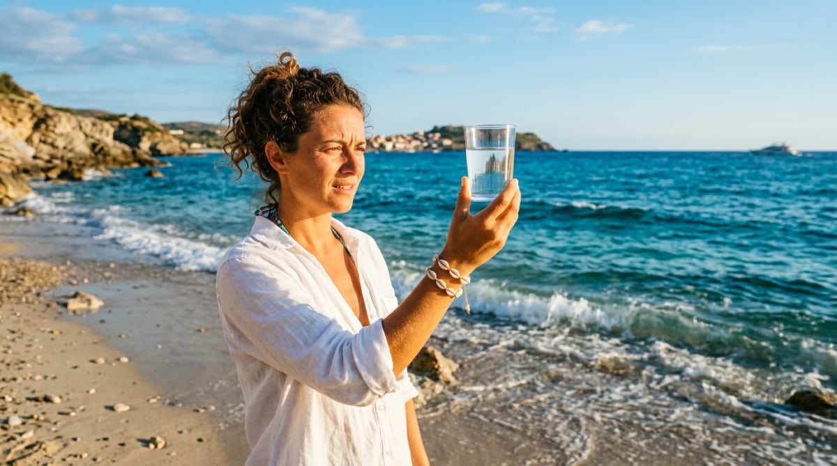 Personne tenant un verre d'eau transparente devant la mer bleue