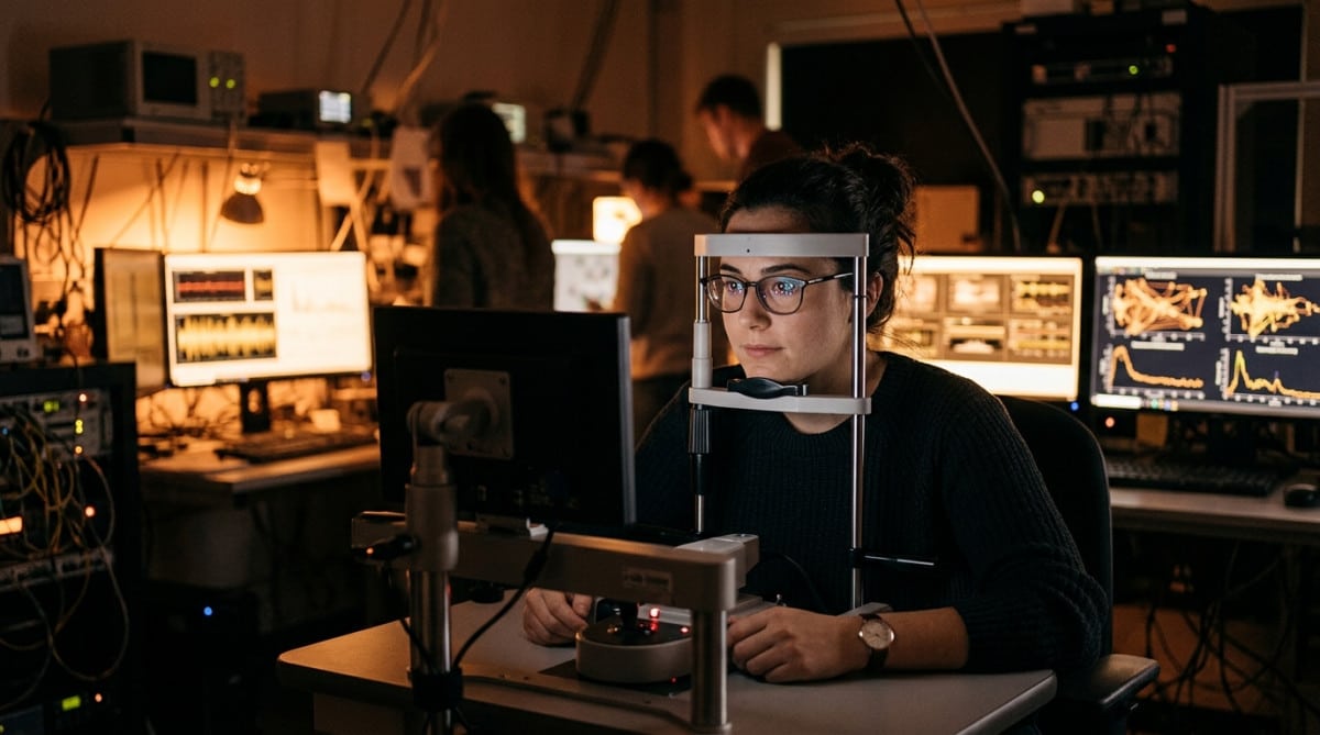 Personne utilisant un appareil de suivi oculaire en laboratoire